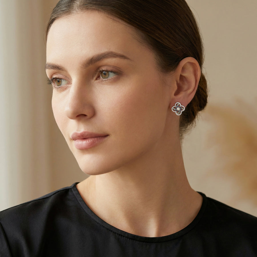 Pearl Quatrefoil Studs, Navy Accents – pearl earrings
