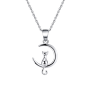 Cat on Crescent Moon Pendant Necklace – sterling silver necklace, close-up