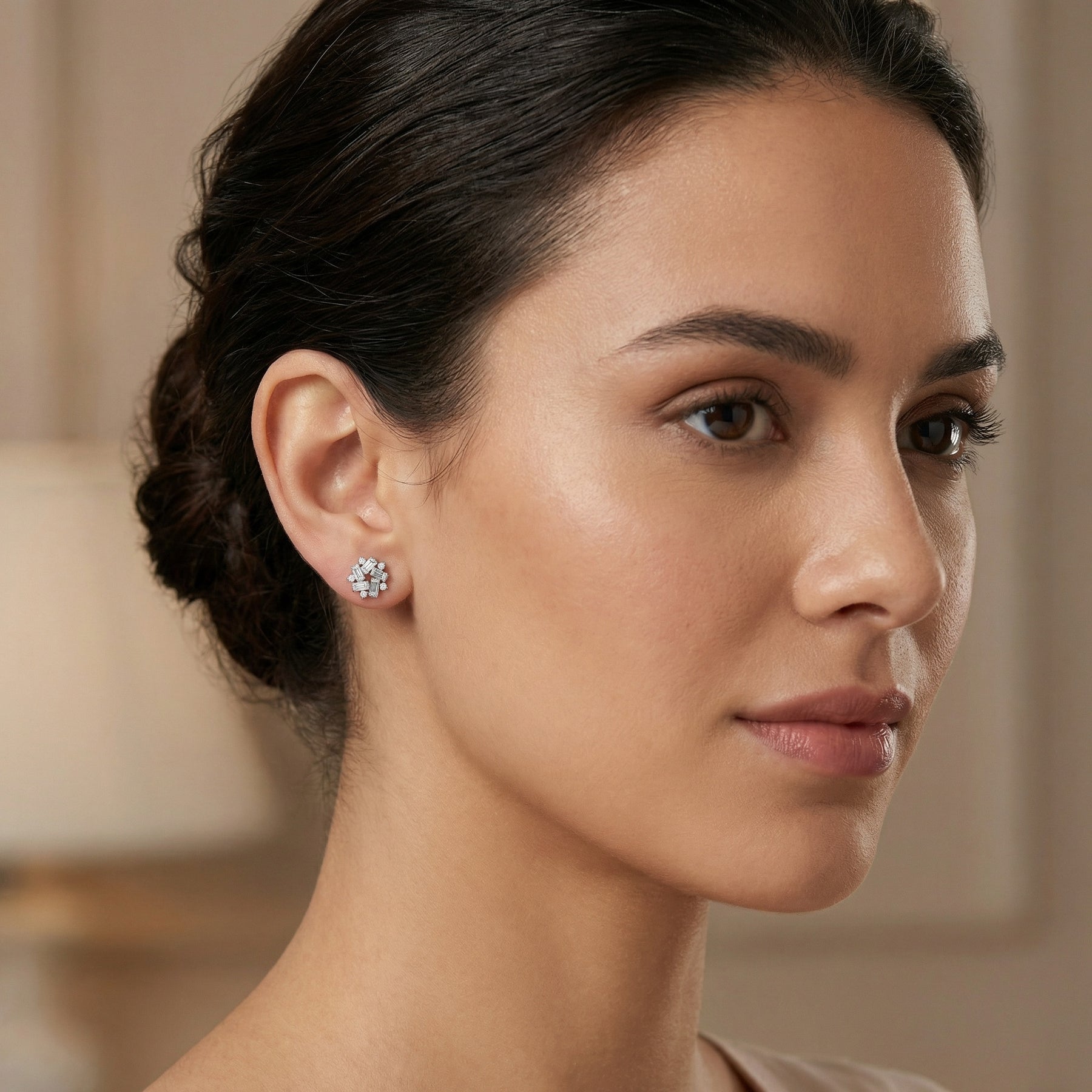 Snowflake Cluster Stud Earrings – sterling silver earrings, close-up
