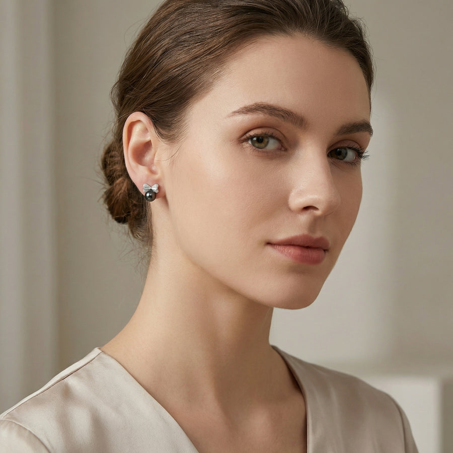Tahitian Pearl Bow Stud Earrings – pearl earrings, front view