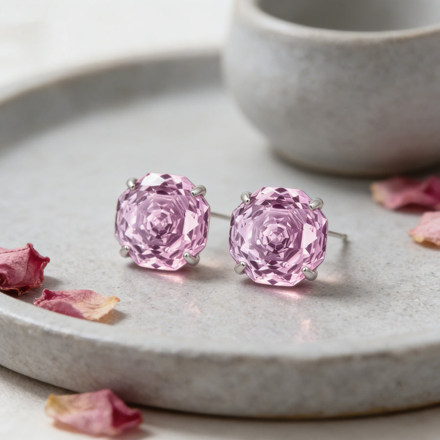 Octagonal-Cut Pink Gemstone Studs – sterling silver earrings, front view