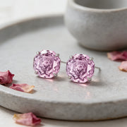 Octagonal-Cut Pink Gemstone Studs – sterling silver earrings, front view