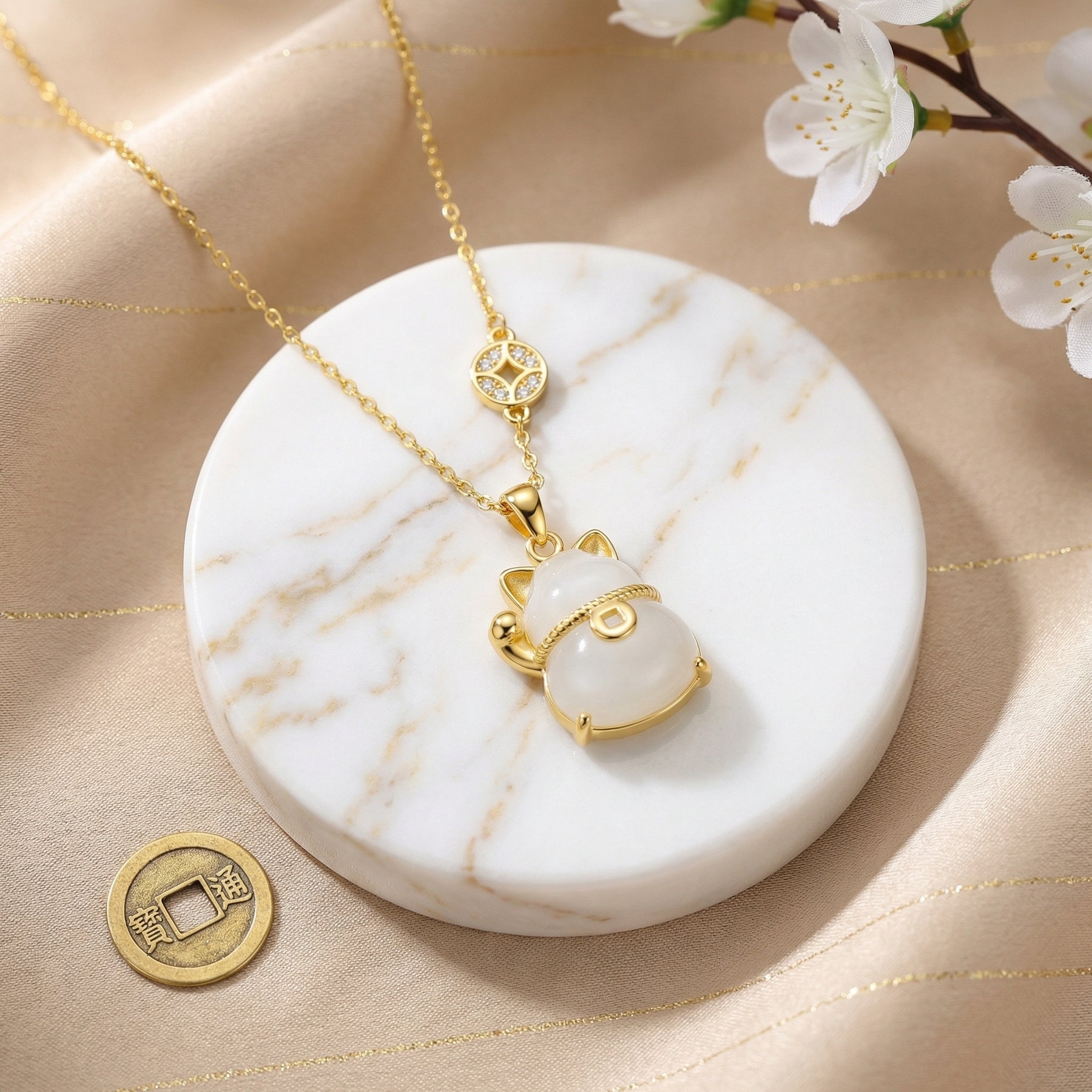 Maneki-Neko Lucky Cat Pendant Necklace – jade necklace, side detail