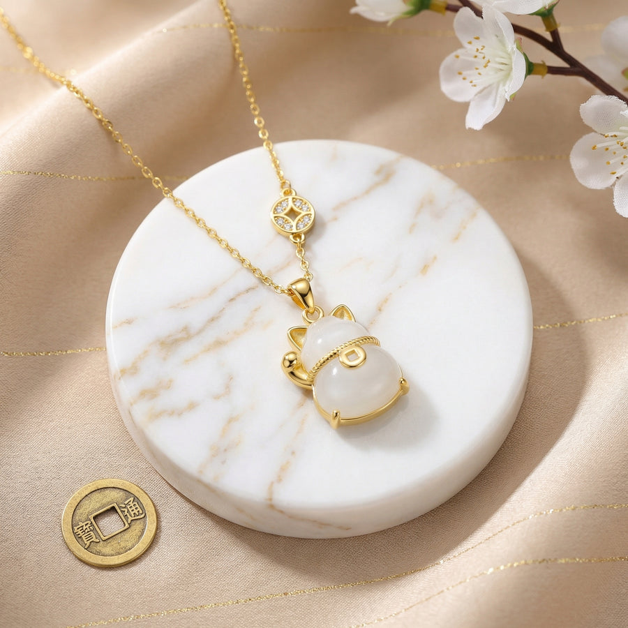 Maneki-Neko Lucky Cat Pendant Necklace – jade necklace, side detail
