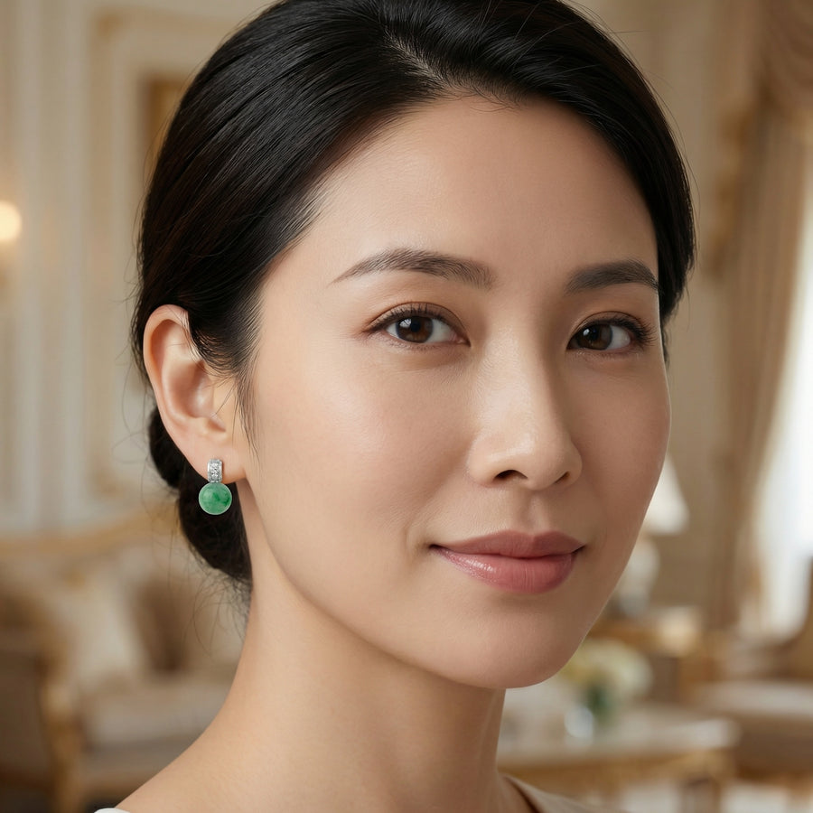 Round Green Jade Bead Drop Earrings – jade earrings, front view