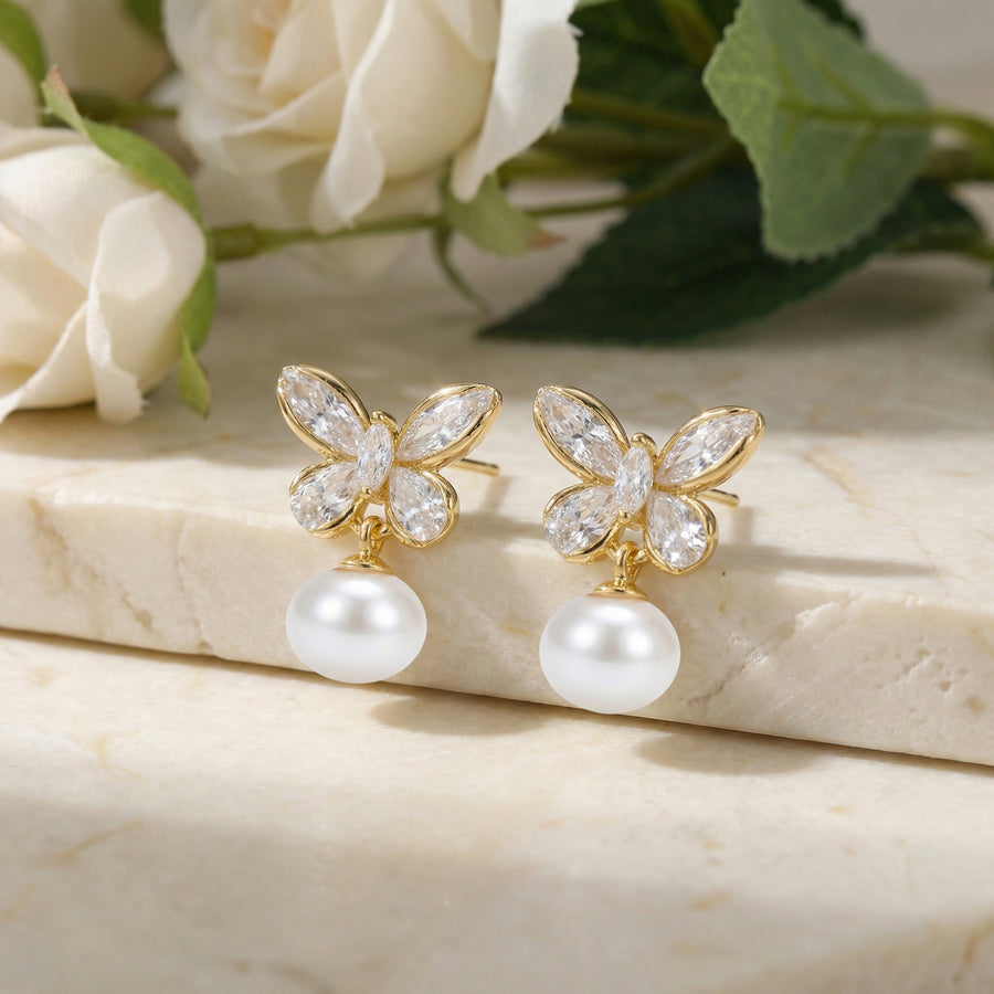 Crystal Butterfly and Pearl Drop Earrings – pearl earrings, front view