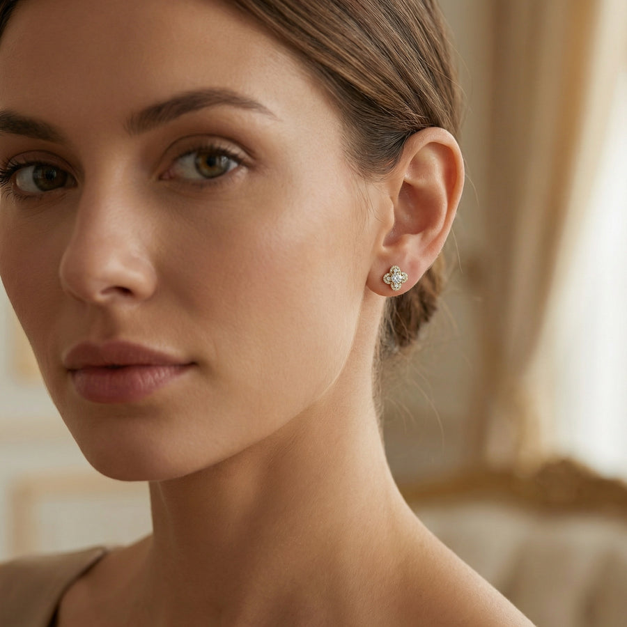 Quatrefoil Sparkling stone Halo Stud Earrings – sterling silver earrings, front view