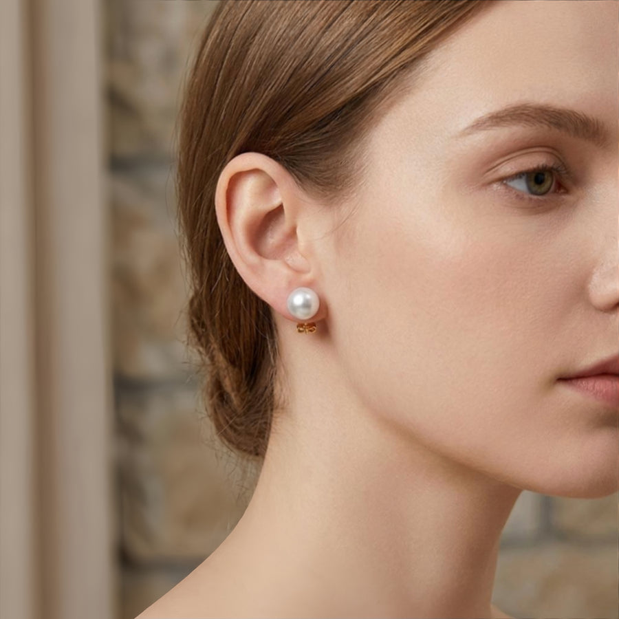 Round Pearl Studs, Secure Backings – pearl earrings, front view