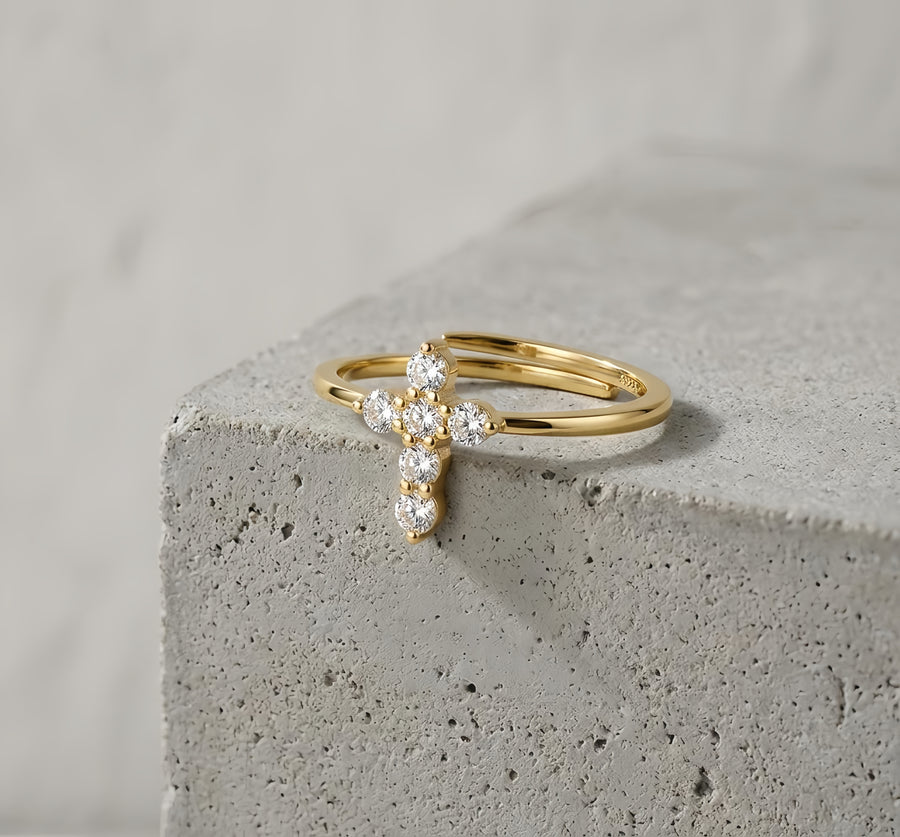 gold-plated Cross Ring with CZ Accents – zircon ring, side detail