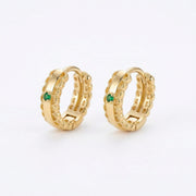 Textured Hoops with Green Gemstones – sterling silver earrings, front view