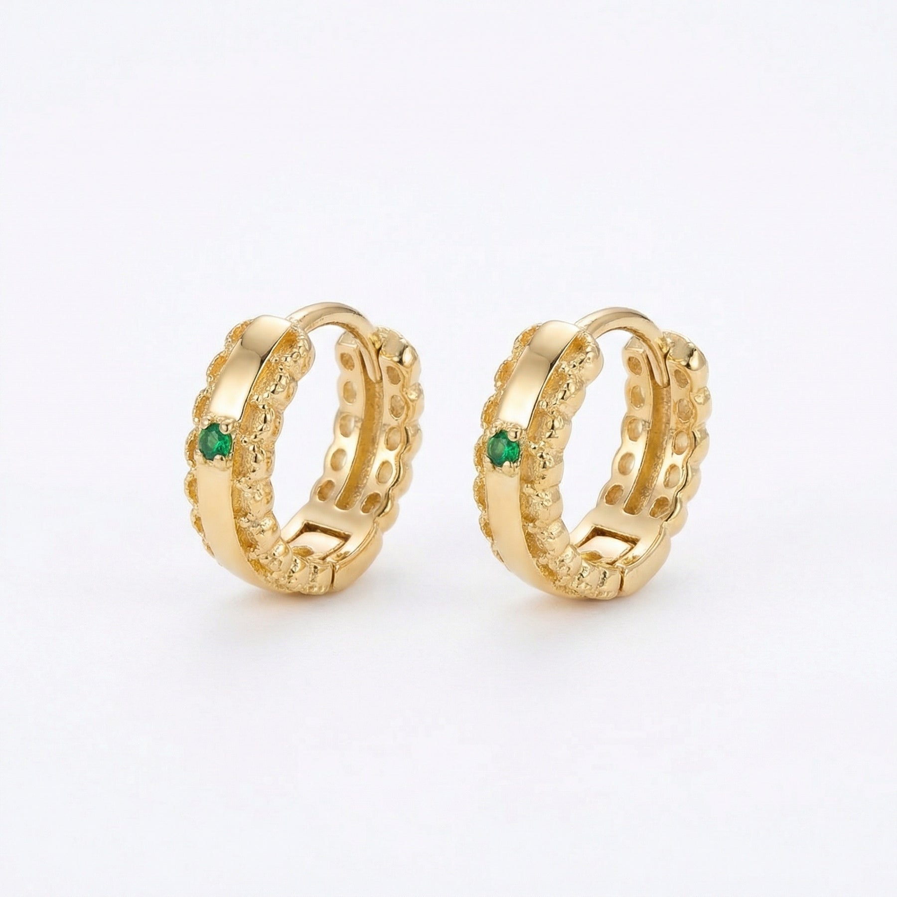 Textured Hoops with Green Gemstones – sterling silver earrings, front view