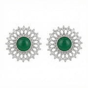 Floral Green Gemstone Stud Earrings – sterling silver earrings, front view