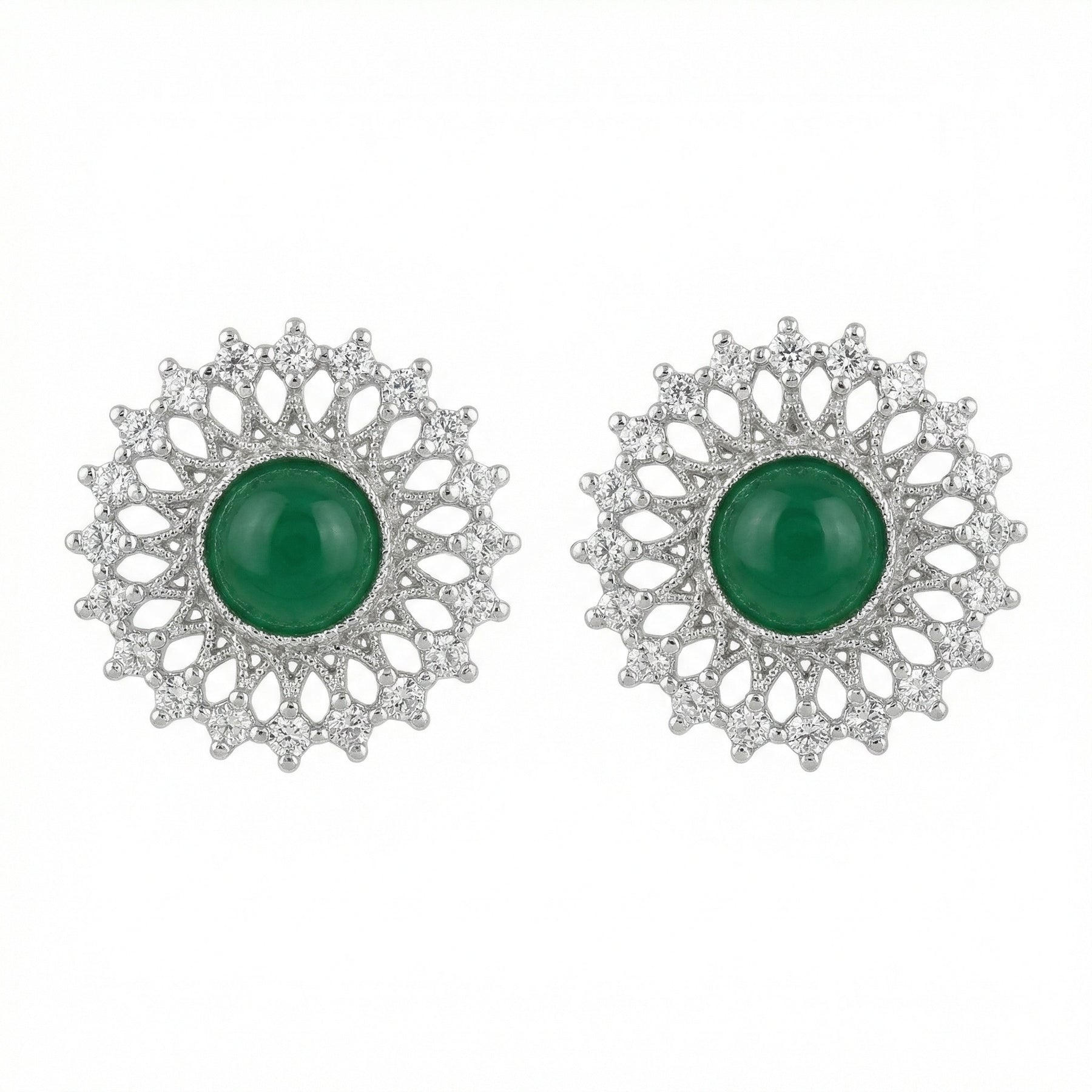 Floral Green Gemstone Stud Earrings – sterling silver earrings, front view