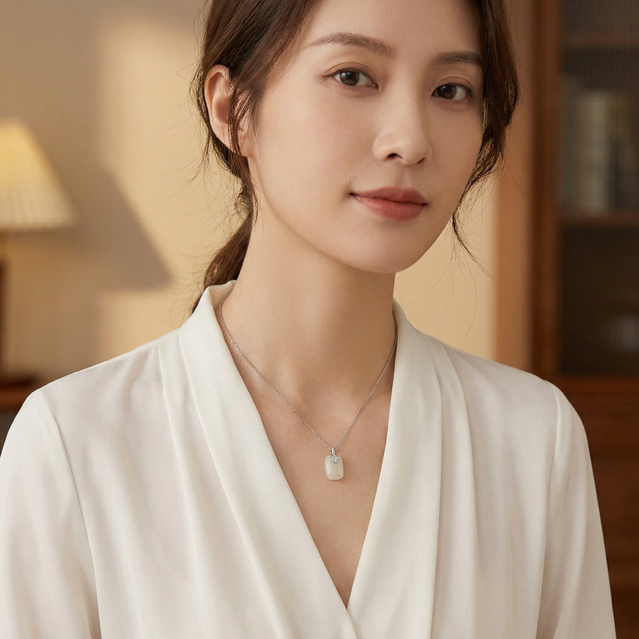 Rectangular White Jade Pendant Necklace – jade necklace, close-up
