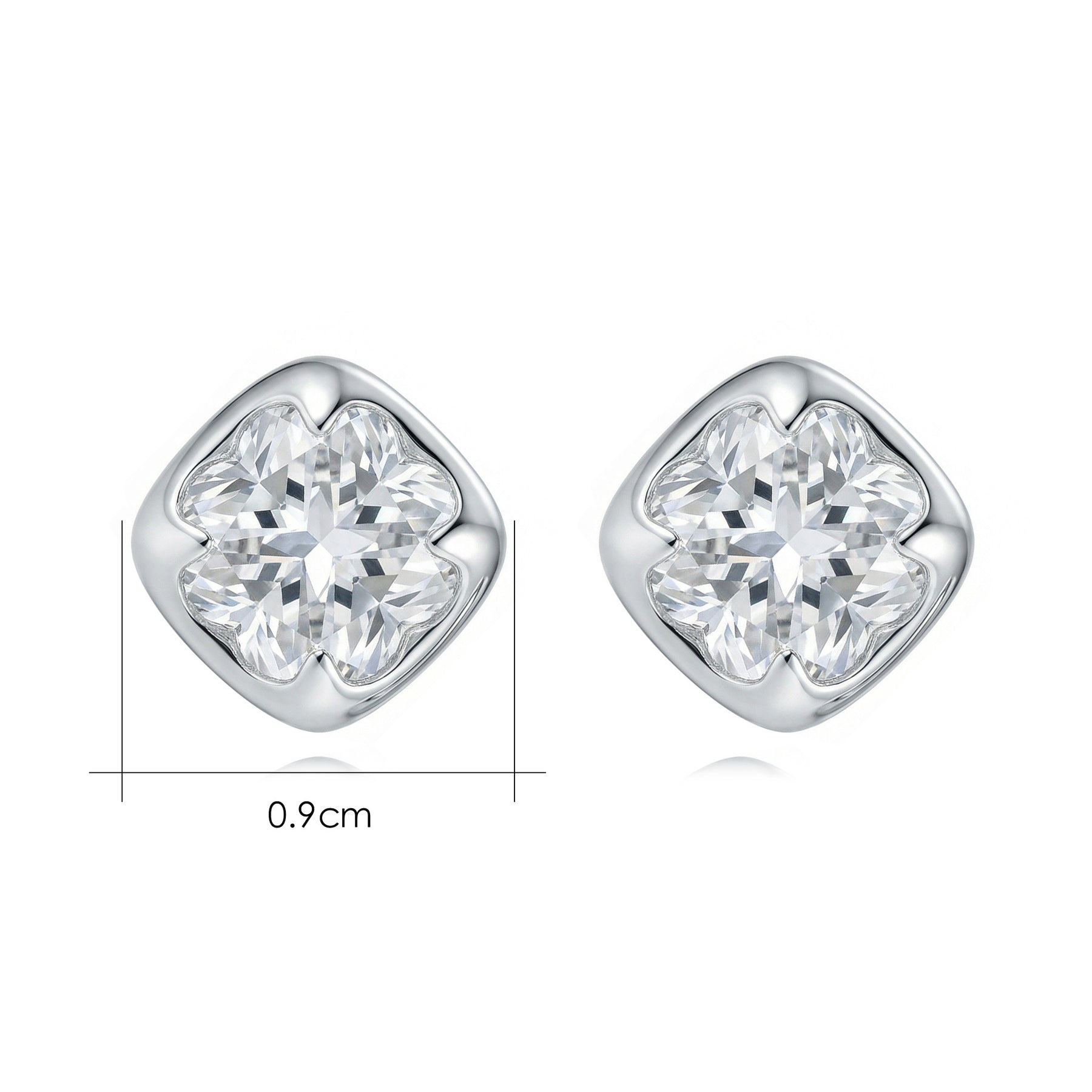 Cushion-Cut CZ Studs with Clover Inset – zircon earrings, close-up