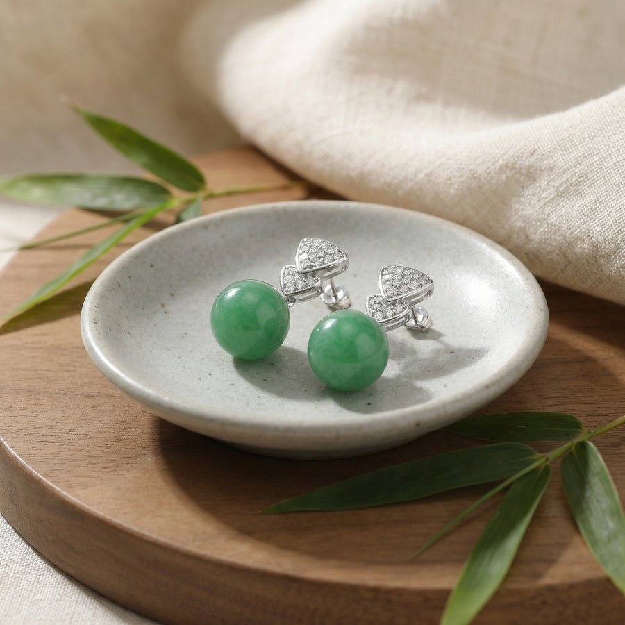 Jadeite Bead Triangular Drop Earrings – jade earrings, front view