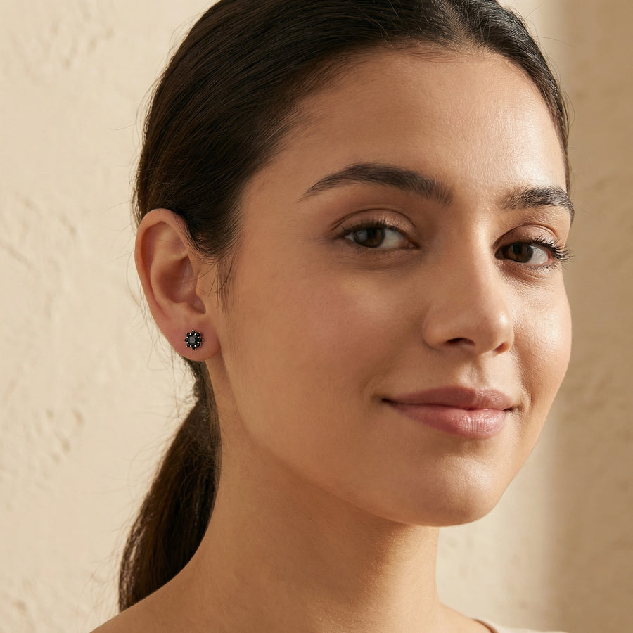 Floral Black Gemstone Cluster Studs – sterling silver earrings