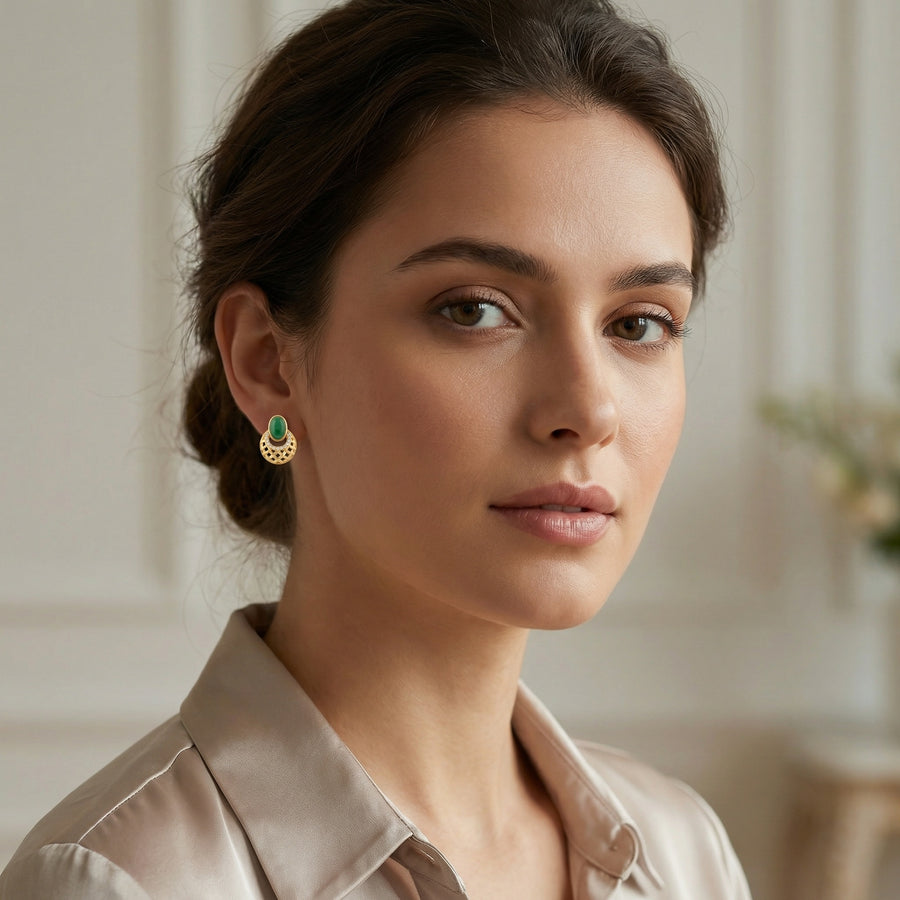 Oval Green Gemstone Lattice Studs – sterling silver earrings