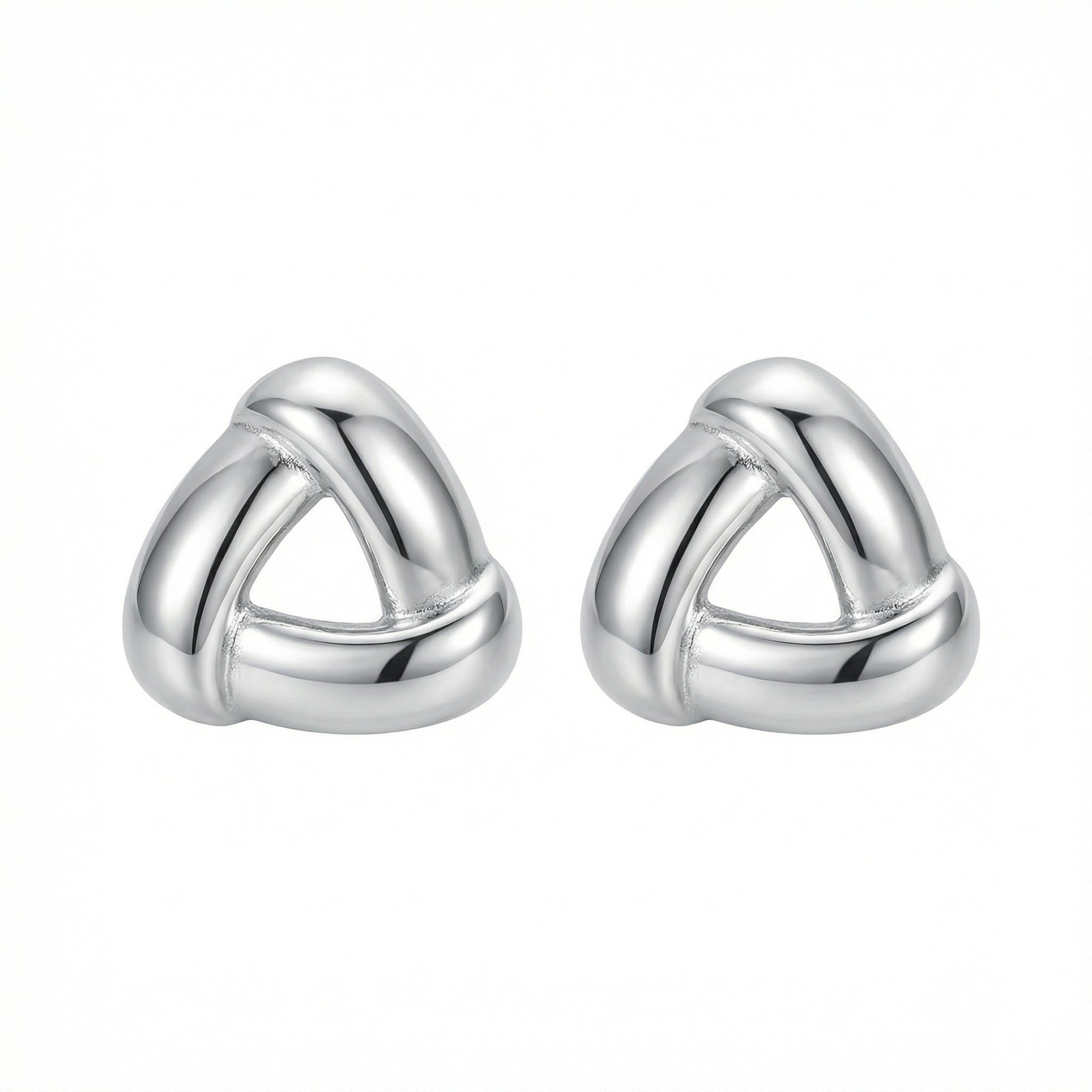 Interlocking Triangular Knot Studs – sterling silver earrings, close-up