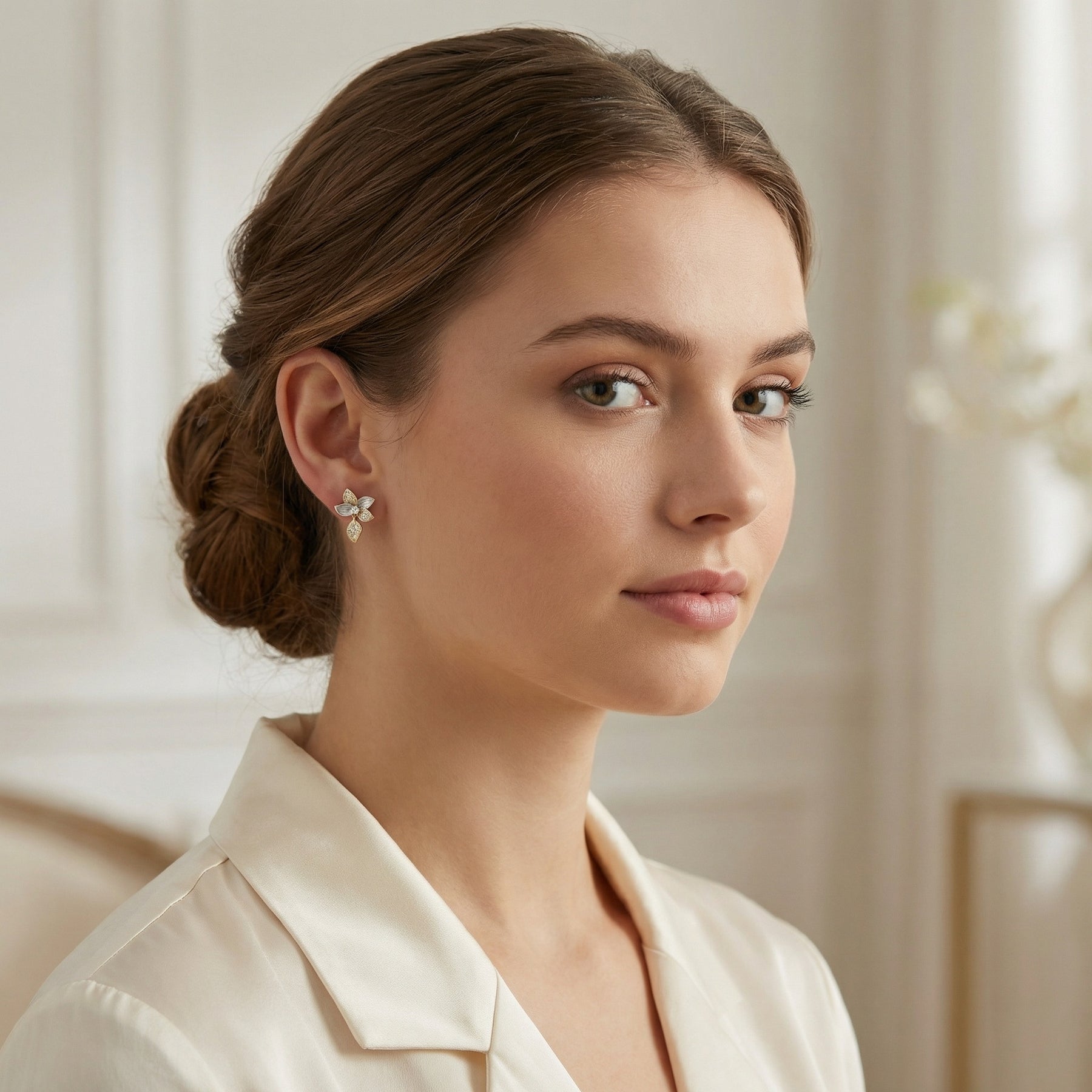 Two-Tone Floral Studs with Leaves – sterling silver earrings, front view
