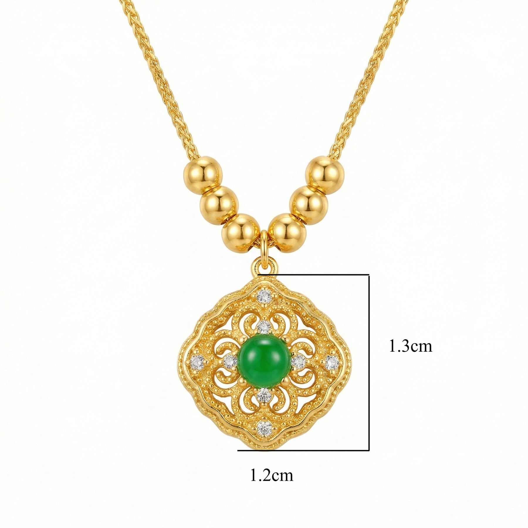 Ornate Filigree Green Cabochon Necklace – sterling silver necklace, close-up