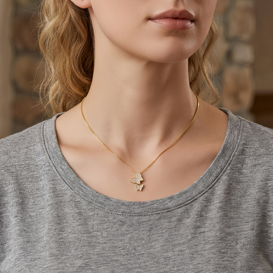 Double Butterfly CZ Necklace – zircon necklace, front view