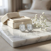 Radiant-Cut Rectangular Halo Studs – sterling silver earrings, side detail