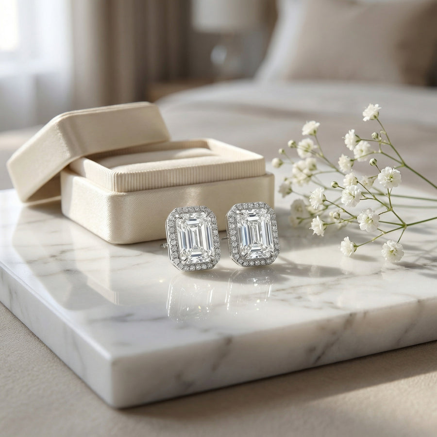 Radiant-Cut Rectangular Halo Studs – sterling silver earrings, side detail