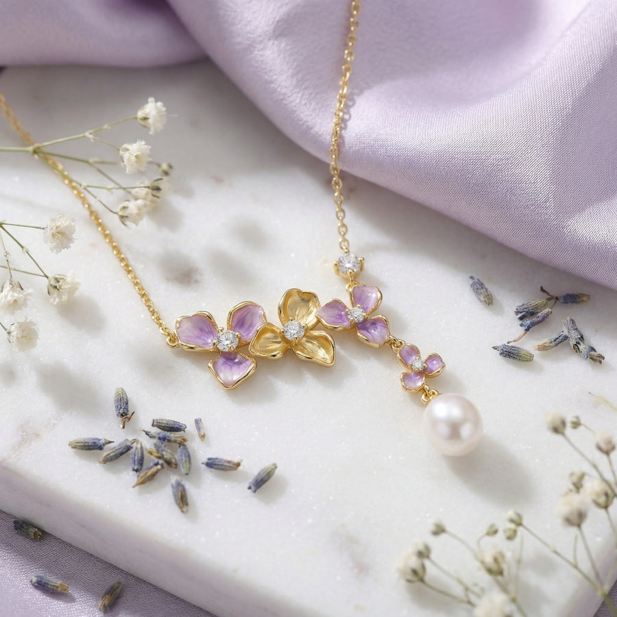 Purple Floral Enamel Pearl Necklace – pearl necklace