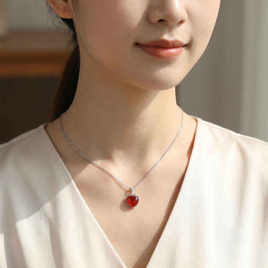 Red Gemstone Heart Necklace – sterling silver necklace, front view