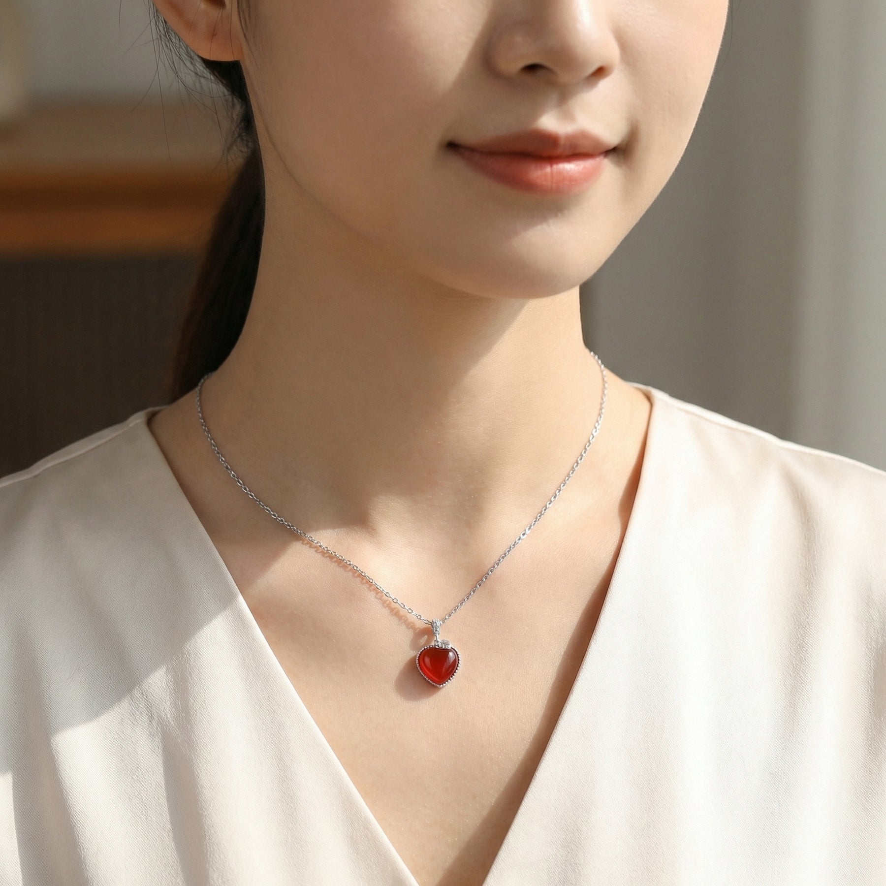 Red Gemstone Heart Necklace – sterling silver necklace, front view