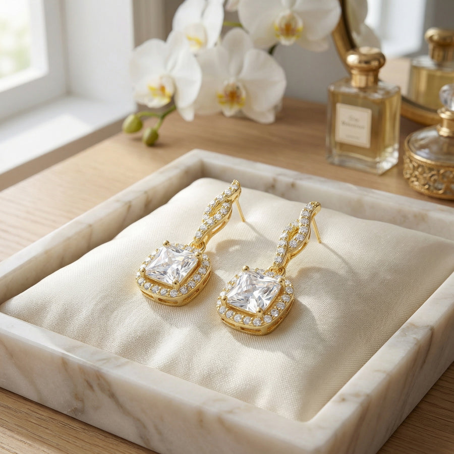 Princess-Cut Halo Drop Earrings – sterling silver earrings, side detail