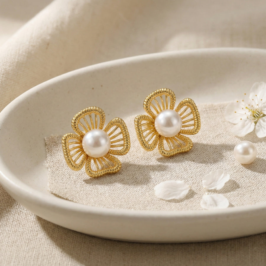 Floral Pearl Studs, Ribbed Petals – pearl earrings, side detail