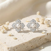 Floral Pearl Accent Stud Earrings – pearl earrings, front view