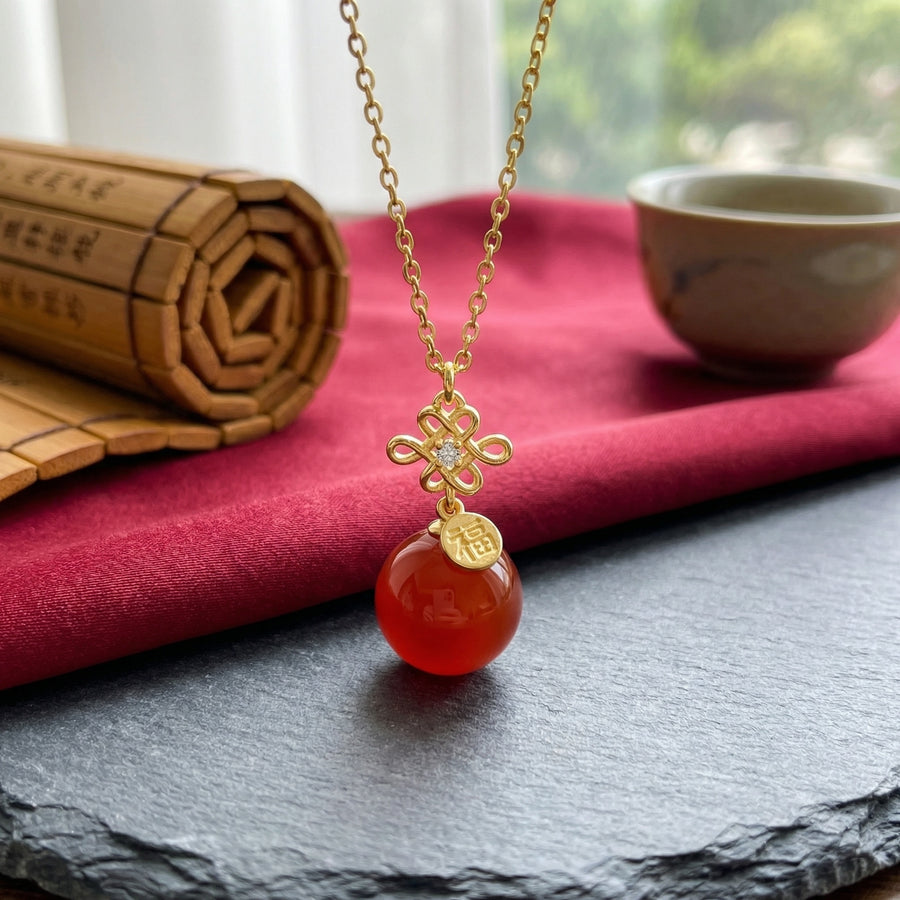 Chinese Knot Fu Character Necklace – sterling silver necklace, front view