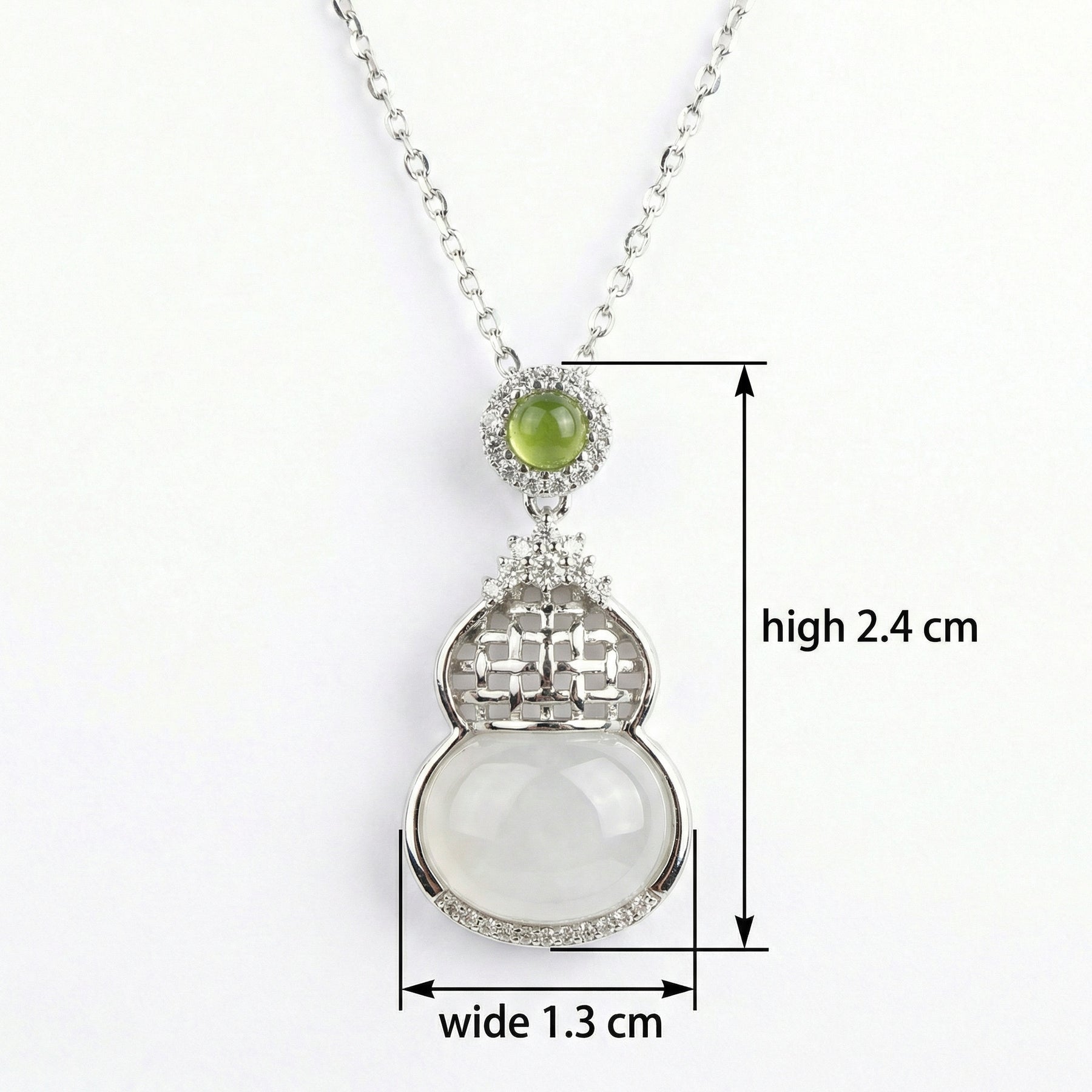 White and Green Hulu Gourd Necklace – sterling silver necklace, side detail