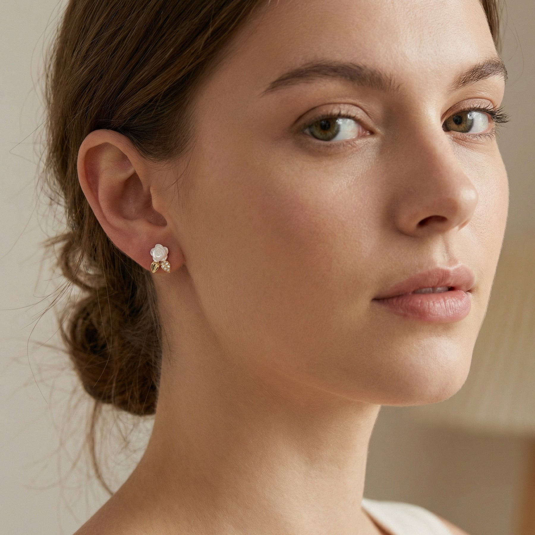 Mother-of-Pearl Rose and Leaf Studs – mother-of-pearl earrings, front view