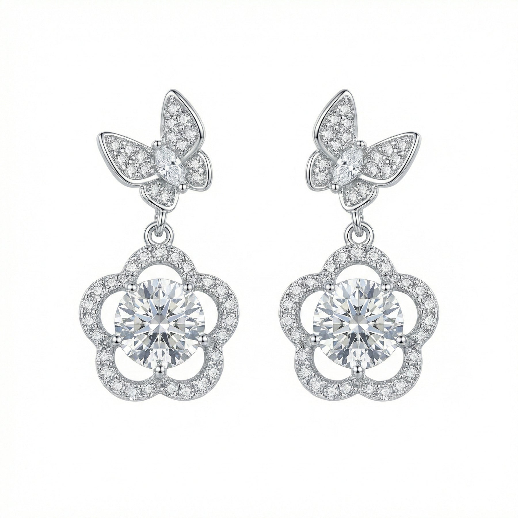 Butterfly and Flower Drop Earrings – sterling silver earrings, side detail