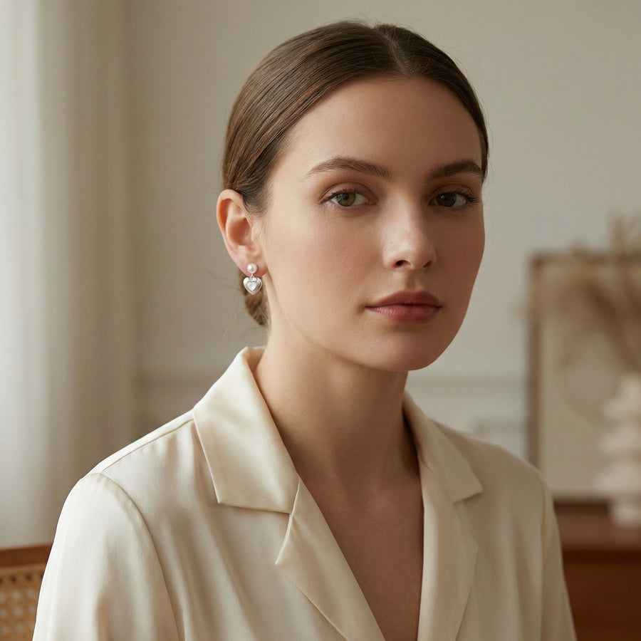 Pearl and Mother-of-Pearl Heart Drops – mother-of-pearl earrings, close-up