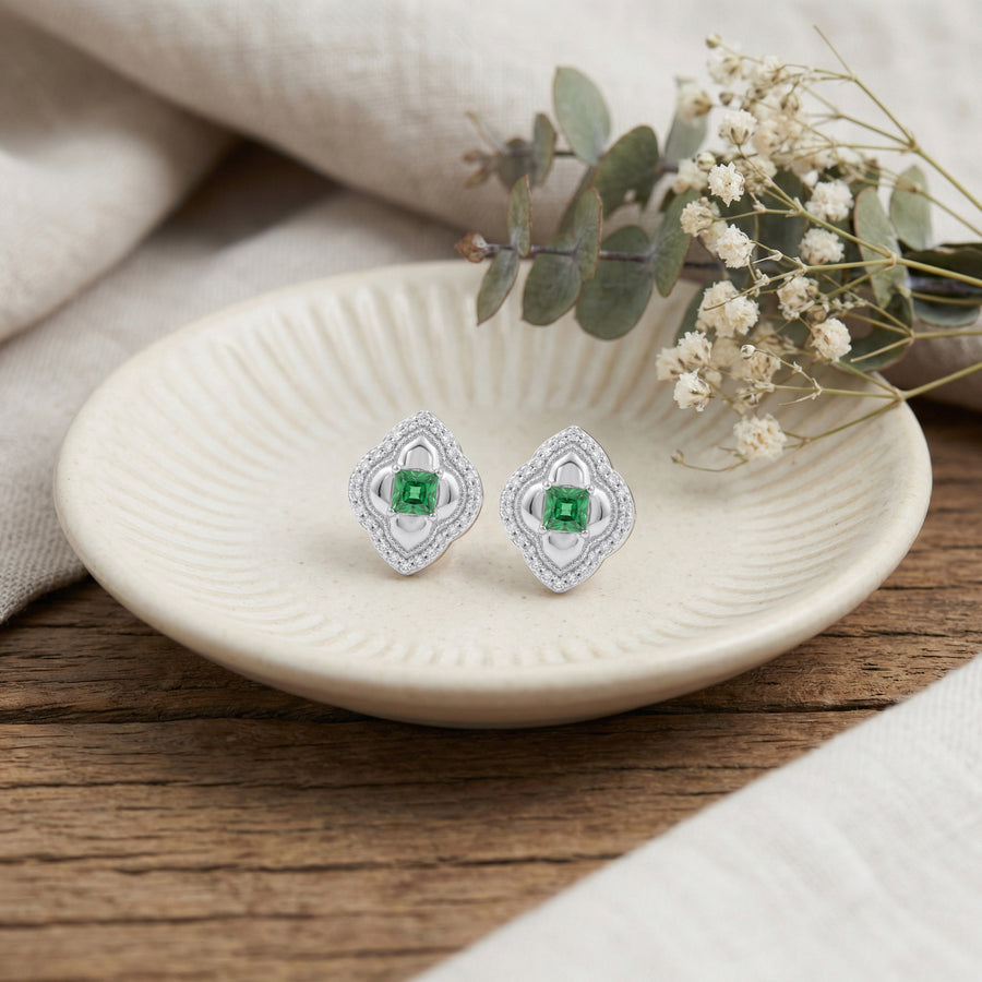 Green stone Quatrefoil Halo Stud Earrings – green stone earrings, close-up