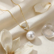 White Pearl Necklace, Geometric Accents – pearl necklace, close-up
