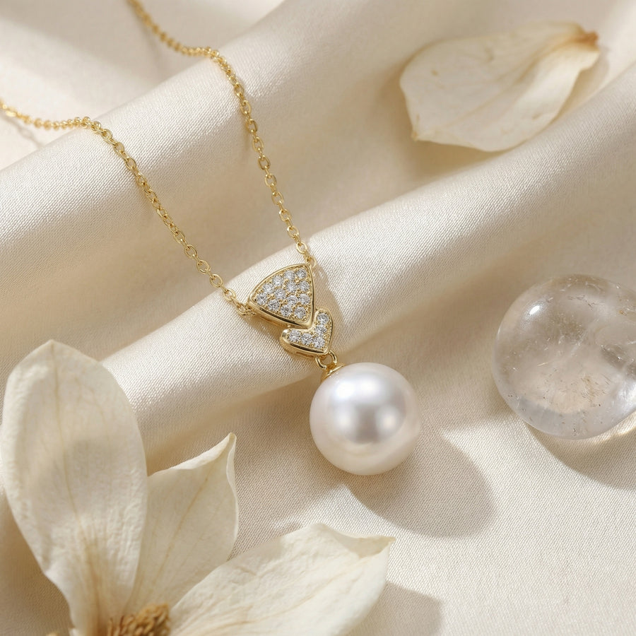 White Pearl Necklace, Geometric Accents – pearl necklace, close-up