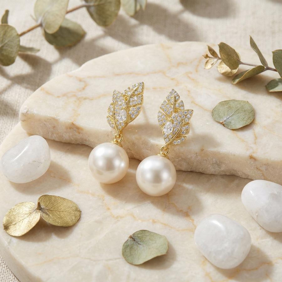 Leaf Motif Pearl Drop Earrings – pearl earrings