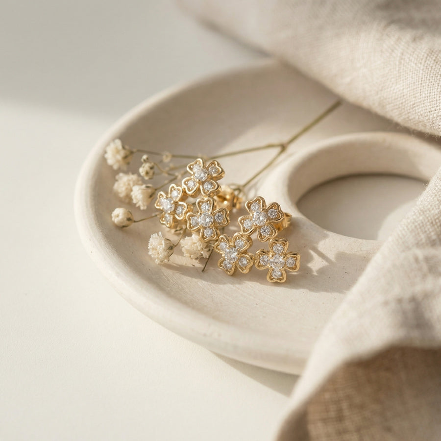 Triple Clover Cluster Stud Earrings – sterling silver earrings, close-up