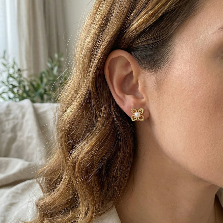 Pearl and Textured Floral Studs – pearl earrings, side detail