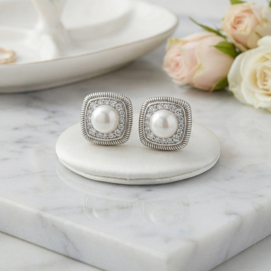 Square Halo Pearl Stud Earrings – pearl earrings