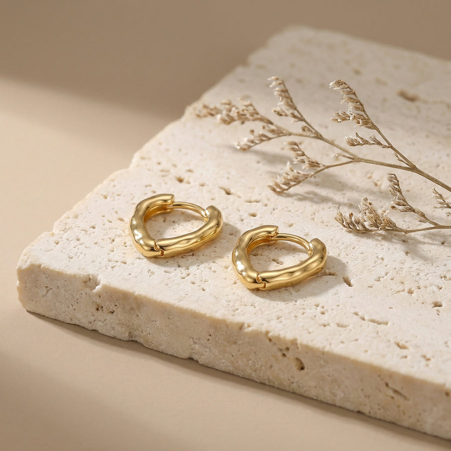 Molten Texture Huggie Hoop Earrings – sterling silver earrings, close-up