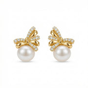 Pearl Bow Crystal Stud Earrings – pearl earrings, close-up