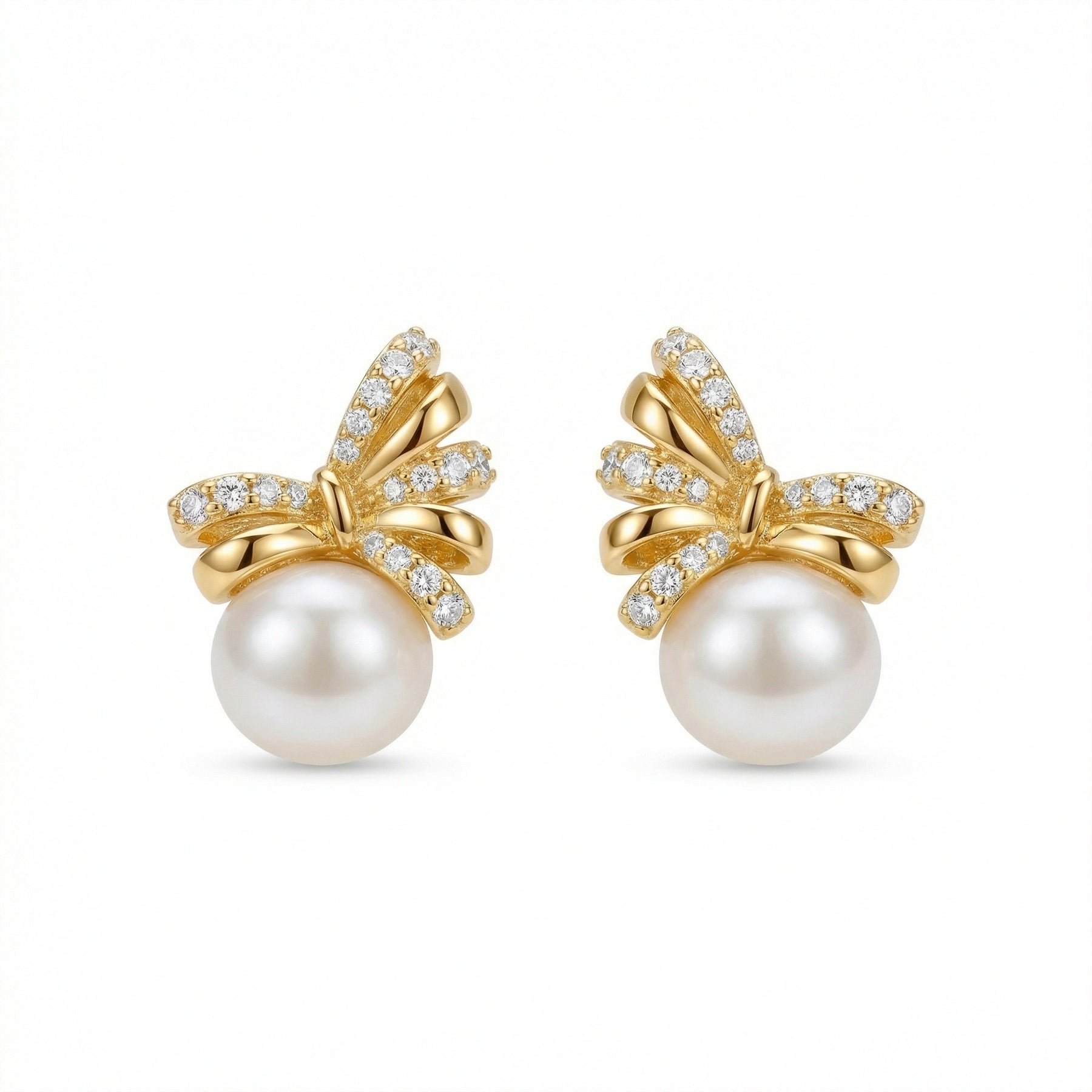 Pearl Bow Crystal Stud Earrings – pearl earrings, close-up