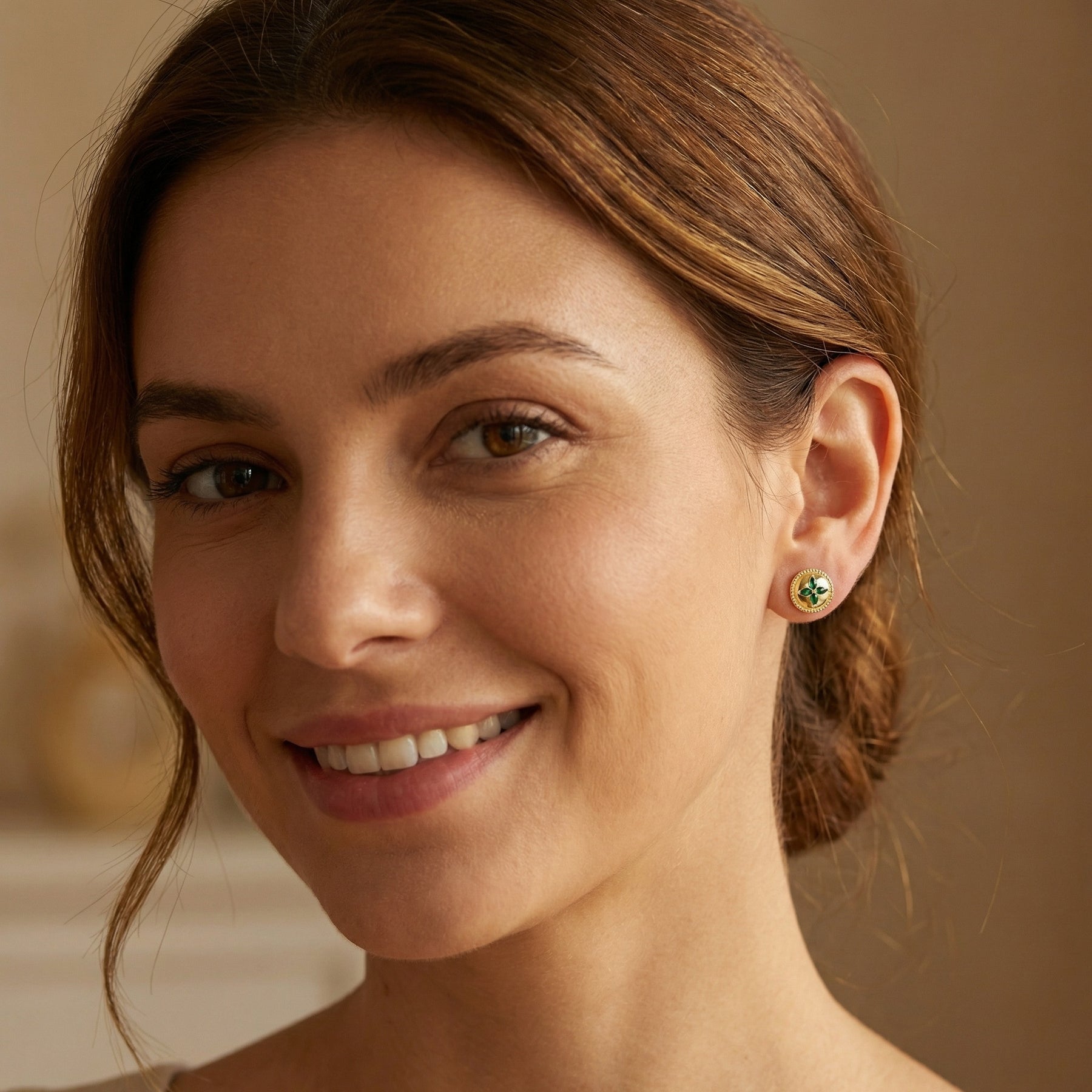 Vintage Floral Disc Stud Earrings – sterling silver earrings, front view